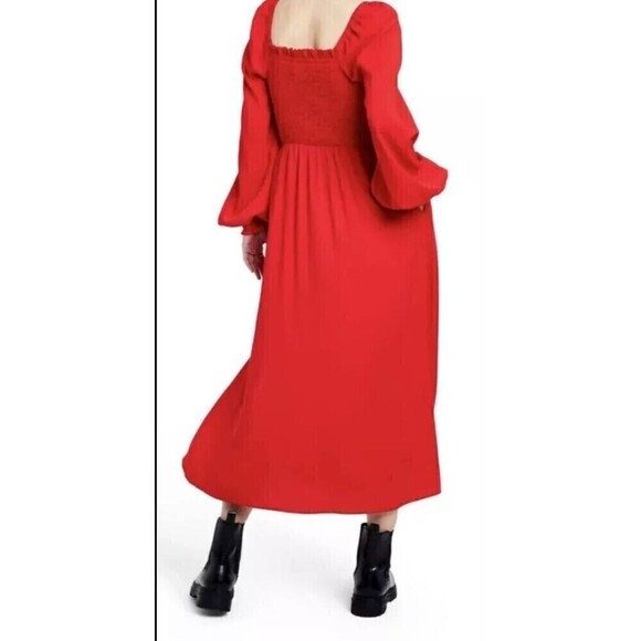 La Linge Square Neck Smocked Side Slit Fit & Flare Dress Red 2X Ballon Sleeve - Picture 6 of 11